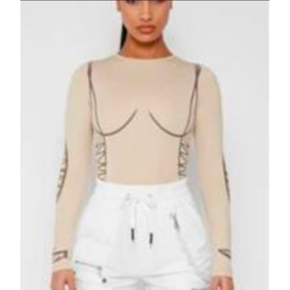Maniere De Voir Tops - MANIERE DE VOIR Corset Detail Long Sleeve Bodysuit Beige,Stretch Contour Size 16